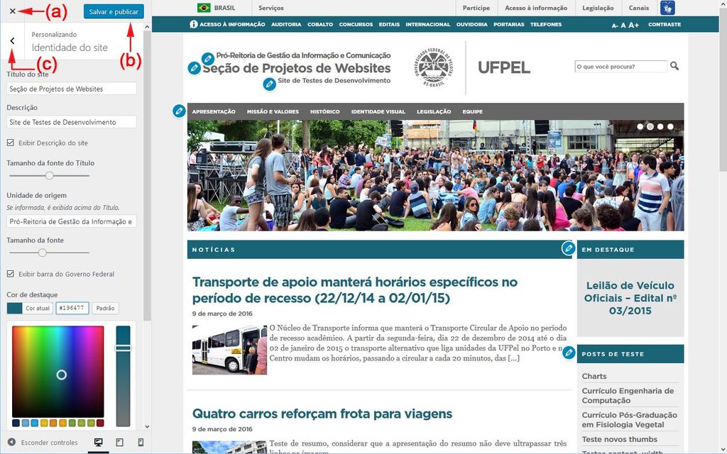 Figura 1.3: Personalizar - seção Identidade do site: (a) cancelar alterações; (b) botão Salvar e publicar; (c) retornar às seções de configuração.
