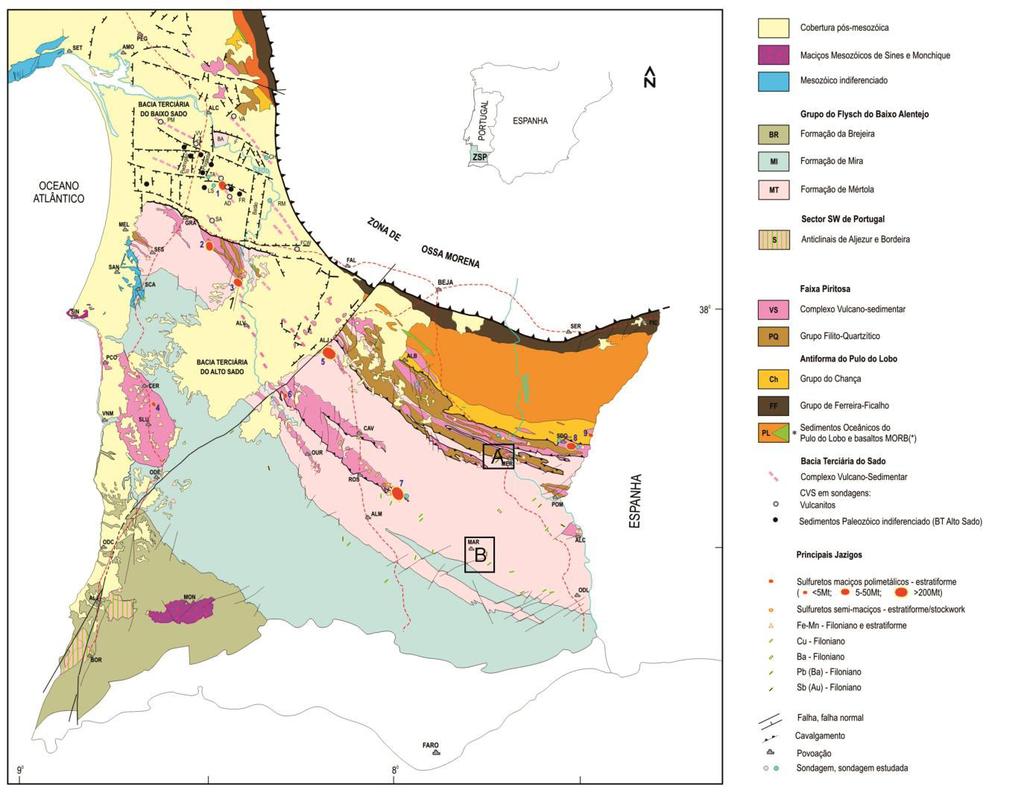 Figura 4 - Mapa Geológico esquemático da Zona Sul Portuguesa, com indicação dos setores estudados, A Malhadinha, B Martinlongo Vaqueiros (in Pereira et al., 2008; Oliveira et al., 2013).