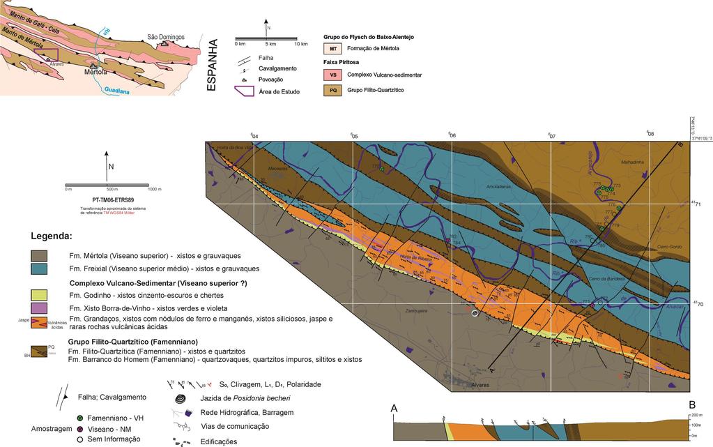 Figura 26 - Mapa geológico do setor de Malhadinha, cartografia geológica inédita, na escala 1/25 000, LNEG, Carta 1/50 000 Almodôvar, Folha 46-C.