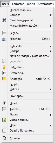 7. WRITER MENU INSERIR O menu Inserir, tem como principal finalidade inserir objetos no documento, como: figuras, arquivos, hiperlinks, número de página, entre outros.