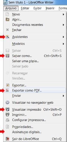 2. WRITER MENU ARQUIVO MENU ARQUIVO >>> NOVO (CTRL+N) Uma característica importante do LibreOffice é a integração existente no menu Arquivo, opção Novo.