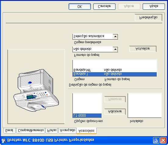 Separador Acessórios O separador Acessórios inclui as definições de configuração do controlador da impressora para o tamanho do papel colocado em cada uma das origens do papel.