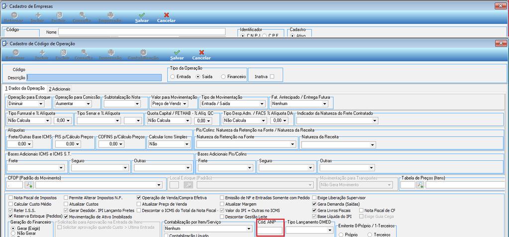 destaque da Figura 3. Figura 3 Cadastro de Código de Operação - Cód. ANP.