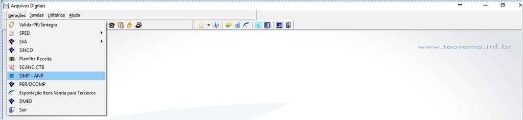A Geração do Arquivo deve ser realizada no módulo de na opção SIMP-ANP como destaca a Figura 9. Figura 9 Menu - SIMP - ANP. A Figura 10 apresenta a tela de geração do arquivo SIMP.