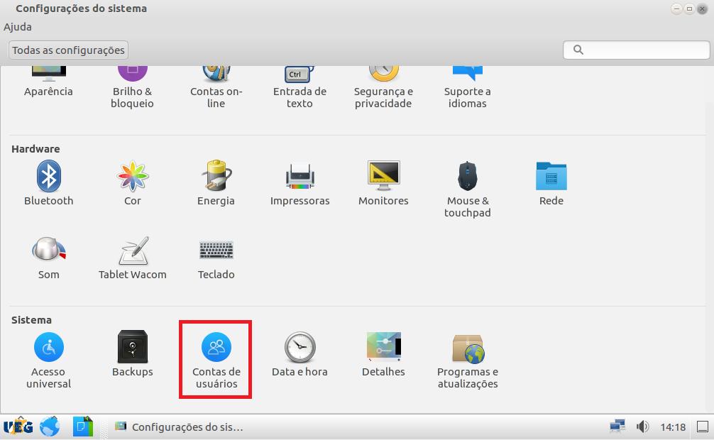Será visualizada uma nova janela com as configurações do sistema. Acesse a opção Contas de usuários.