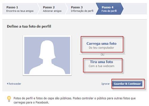 Para colocar uma imagem no seu perfil, basta carregar uma foto do seu computador, ou simplesmente tirá-la com a sua webcam (caso tenha).