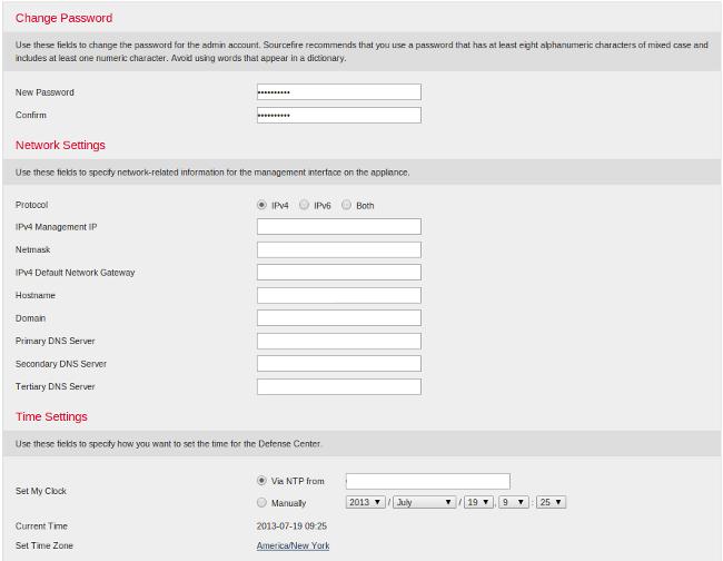 Em seu centro de gerenciamento de FireSIGHT, você deve terminar o processo de instalação registrando na interface da WEB e especificando opções de configuração inicial na página de instalação,