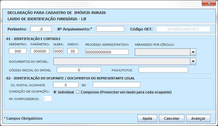 2.6.6 Preenchimento do Anexo ITESP 1. Selecione o UF e Município de localização. 2. Selecione o imóvel. 3. Clicar no botão <LIF> na área Formulários. 4.