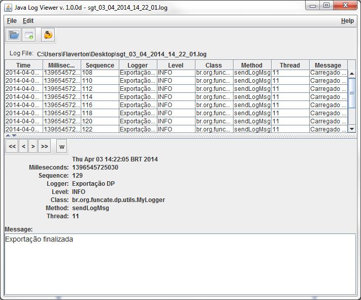 Figura 31 Arquivo de log aberto 8. Clicar nos registros de log na lista localizada na parte superior da janela. 9. Os dados da importação/exportação são exibidos na parte inferior da janela.
