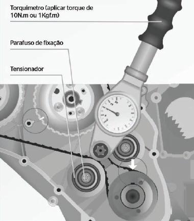 de 10 N.m ou 1 Kgf.m e aperte o parafuso de fixação do tensionador. Paraa tensionar a correia, utilize um torquímetro e uma extensão com encaixe de 13 mm.