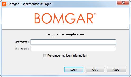 Faça Logon no Console de Suporte Técnico Bomgar Connect Após instalar o console de suporte técnico Bomgar, inicie-o a partir da localização do seu diretório como definido durante a instalação.