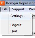 Altere Configurações no Console de Suporte Técnico Bomgar Connect Clique em Arquivo > Configurações no canto superior esquerdo do console
