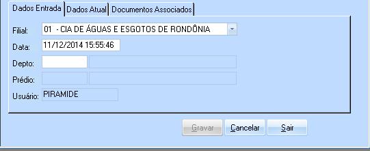 Figura 5. Aba Dados de Entrada PREENCHIMENTO DOS CAMPOS(Obrigatórios) Filial Data Depto Selecionar a filial vinculada ao protocolo a ser cadastrada, ou seja, a filial de entrada do protocolo.