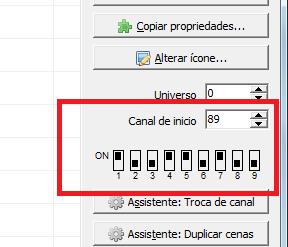 canal DMX; Chave DIP 5 = soma 16 no canal DMX; Chave DIP 6 = soma 32 no canal DMX; Chave DIP 7 = soma 64 no canal DMX; Chave DIP 8 = soma 128 no canal DMX; Chave DIP 9 = soma 256 no canal DMX; Chave