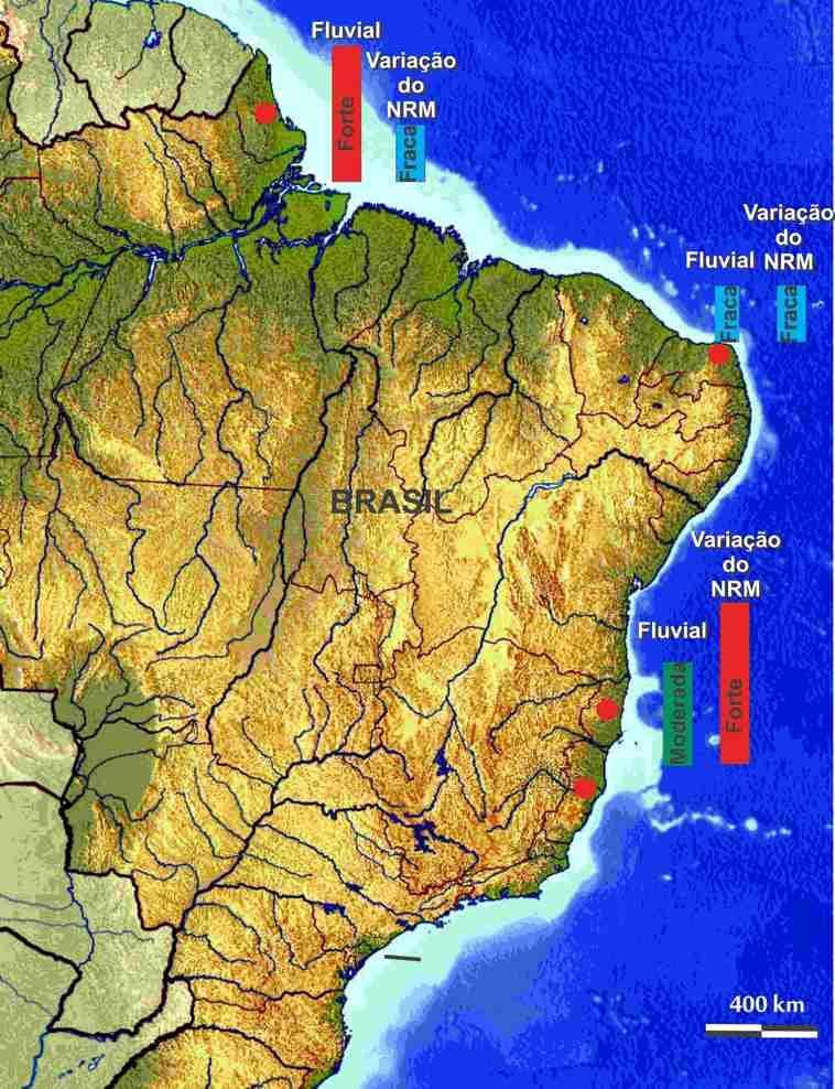 23 Figura 2 Intensidade relativa da descarga fluvial e flutuações do nível relativo do mar influenciando o desenvolvimento dos manguezais nos locais de estudo durante o Holoceno. Locais de estudo.