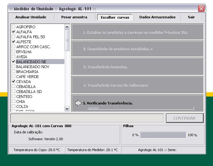 Após da transferência das curvas de calibragem e das legendas será feita uma verificação.