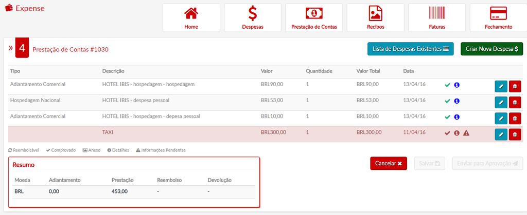 Será possível associar uma despesa da fatura do cartão a uma solicitação, sendo ela de viagem, adiantamento ou prestação de contas.