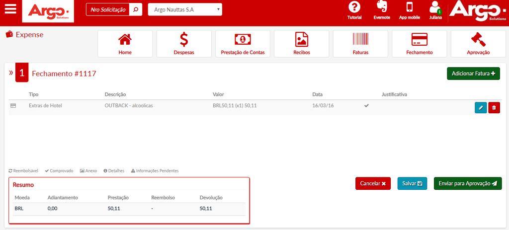 ATENÇÃO: Só será permitido finalizar uma OS de Fechamento quando todos as despesas da fatura estiverem vinculadas a OS. 5.