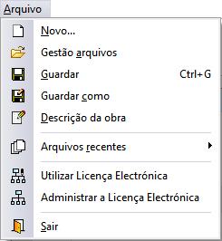 THERM BRIDGES Exemplo prático 6 Menus 2.1. Arquivo Fig. 2.1 O menu Arquivo, permite efetuar operações de manutenção de ficheiros de obra, impressão e gestão da licença eletrónica.