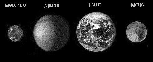 Figura 5.1 Os quatro planetas telúricos. As imagens não estão rigorosamente em escala. (NASA) A Tabela 5.1 apresenta os parâmetros físicos mais relevantes dos planetas.