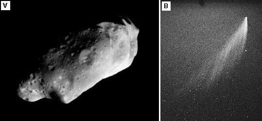 Os asteróides, também chamados de planetóides. A grande maioria se parece mais com fragmentos rochosos de composição química semelhante a dos planetas telúricos (Figura 5.4A).