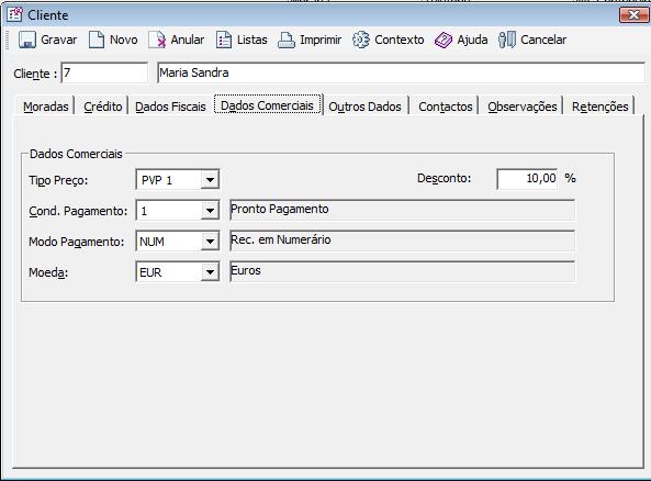 Nos dados comerciais definimos os vários tipos de preço e também o respectivo desconto, o modo