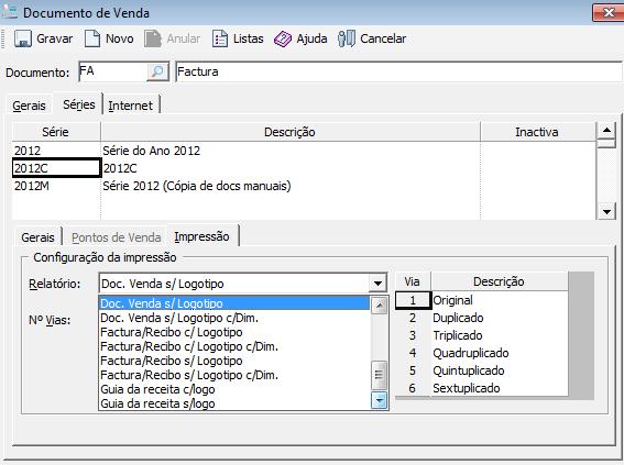 Vendas Documentos e depois escolher o documento que pretende imprimir (ex. FA - fatura), e no separador Séries, colocar o cursor em cima da série que está a ser utilizada.