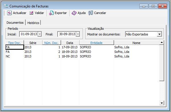 4. Aceder ao utilitário de exportação de ficheiros SAF-T (PT) a partir da opção Vendas Utilitários SAF-T (PT) Exportações e atualizar a informação dos documentos a exportar.