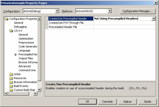 .;..\..\src\terralib\kernel;..\..\src\terralib\drivers\mysql;..\..\src\terralib\drivers\my SQL\include Figura 8 Adicionar diretórios adicionais A figura 9 explica como desabilitar o Precompiled Header.