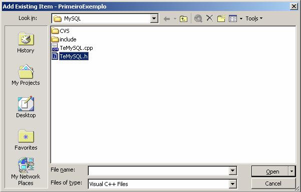 cpp a selecione Open. Figura 13 Arquivos da biblioteca Para adicionar o arquivo TeMySQL.