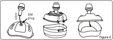 4. Montagem e uso do bagageiro A) Ponha o cabo na lâmpada da sirene passando pelo buraco no bagageiro e conecte os três plugues; B) Como na figura 4, encaixe as duas partes do bagageiro e prenda; C)