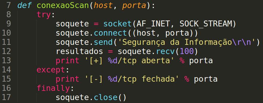 Explorador de Portas Implementação A função conexaoscan irá tentar estabelecer uma conexão com o host e porta definidos.