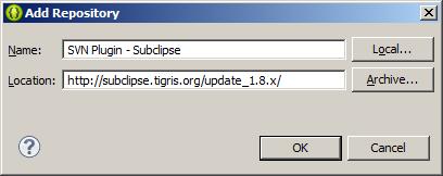 2 2. Adicione um novo repositório, clicando no botão Add e adicione o nome e o link para o repositório e deixe-o carregar: Location: http://subclipse.tigris.org/update_1.8.x/ 3.