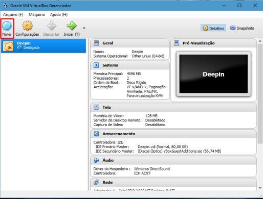 3.2 Criação da máquina virtual A criação de máquinas virtuais na plataforma também é bastante intuitiva, sendo essa uma das razões de se ter escolhido o Oracle VM VirtualBox como virtualizador para