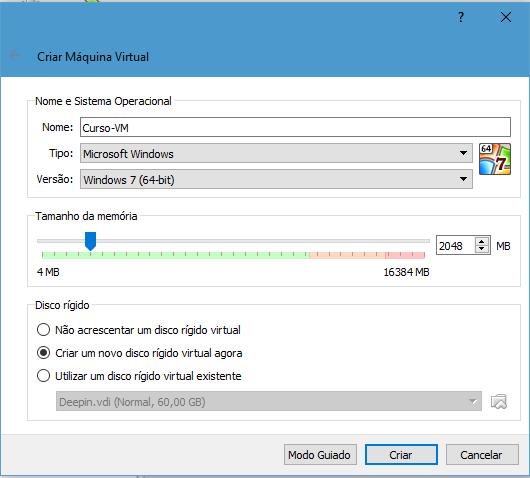 Surgirá a tela Criar Máquina Virtual, nela devem ser preenchidos o nome da máquina virtual, o tipo de sistema operacional que se pretende utilizar nesta VM, a versão do SO utilizado (32bits ou