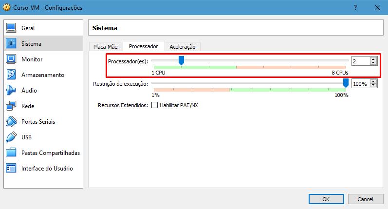 Seguindo para a aba Processador, a configuração Processador(es) segue o mesmo princípio da configuração de Memória Base da aba anterior, sendo possível especificar o número de CPUs que o