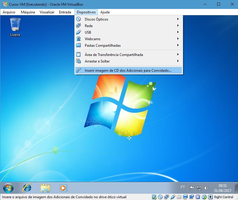 No menu da máquina virtual, deverá ser selecionado a opção