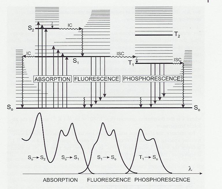 Diagrama de Perrin-Jablonski Tempos característicos: Absorção 10-15 s (atosegundos) Relaxação vibracional 10-12 a 10-10 s (ps) Tempo de vida de S 1 10-10 a
