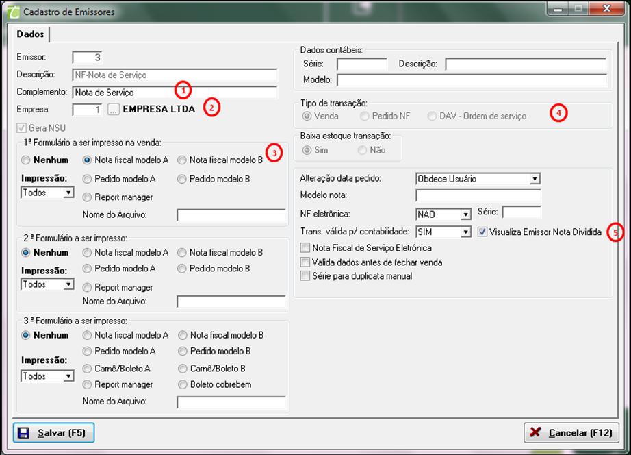 1. Complemento: Descrição complementar do título do emissor; 2. Empresa: Código da empresa que utilizará o emissor; 3.