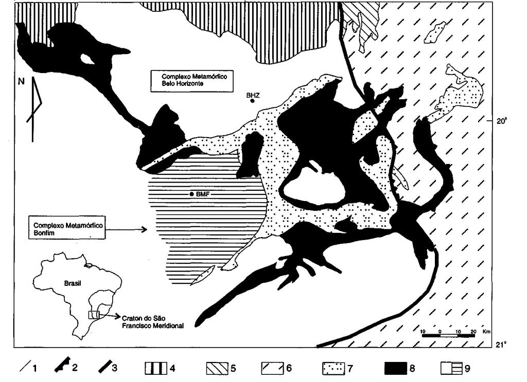 122 Revista Brasileira de Geociências, Volume 27,1997 Figura 1 - Geologia do Craton do São Francisco Meridional (modificado de Carneiro J992).