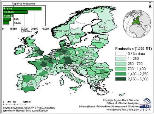 UNIÃO EUROPEIA Produção europeia maior em 6,3 MMT atingindo 154,13 MMT; Segunda maior safra da história; Aumento de produção em 12 países com destaque para a