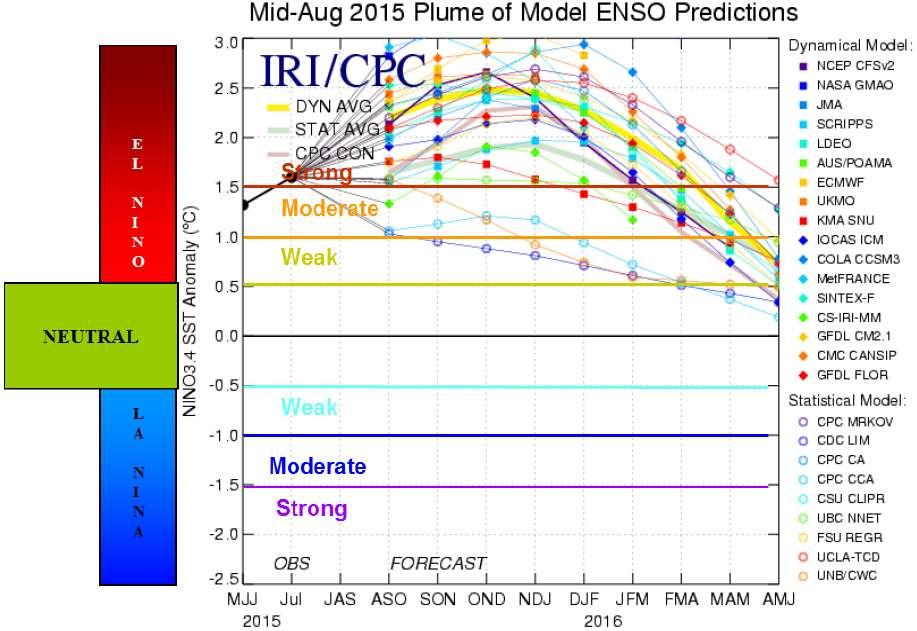 EL NINO Modelo ao lado mostra que maioria dos modelos estão indicando um El Nino com intensidade forte; Expectativa