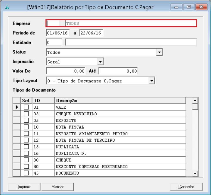 (Imagem correspondente ao objeto modificado Wfin017) Módulo Financeiro > Relatórios > Por Tipo de Documentos