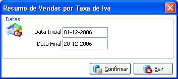 Resumo de Vendas p/taxa de Iva A opção Resumo de Vendas p/taxa de Iva permite ao utilizador imprimir um documento com os resultados diários discriminados