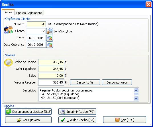 Cliente Data Valor Por Liquidar Cliente associado ao Recibo. Data de emissão do Recibo. Valor total do Recibo. Valor por liquidar do recibo. Indicação da liquidação do recibo.