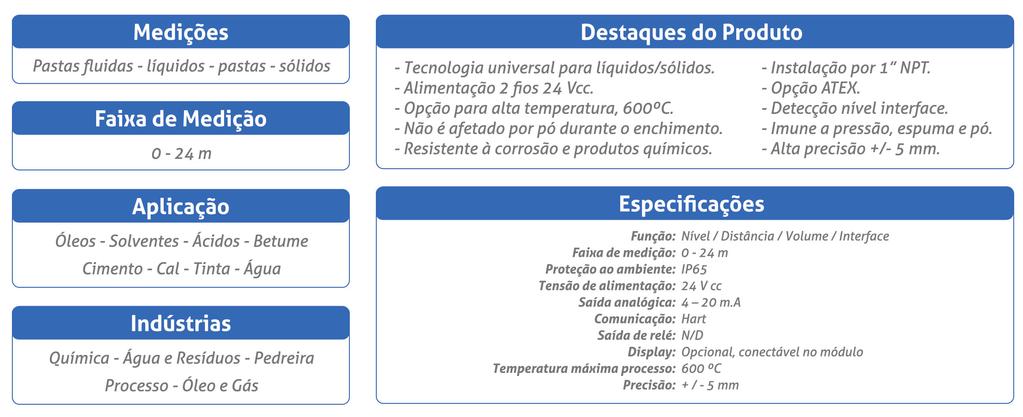 TRANSMISSOR DE NÍVEL TRANSMISSOR DE NÍVEL RADAR DE ONDA GUIADA REFLEX VF03 TDR A gama de cobertura de produtos Reflex VF de TDR (refectometria no domínio do tempo) é o ideal para a medição de