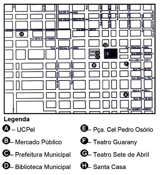 05. (UFPEL) A Secretaria de Turismo de Pelotas disponibiliza mapas da cidade nos postos de pedágio. O mapa abaixo localiza alguns pontos importantes da cidade de Pelotas.