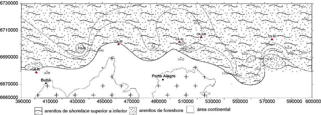(Figura 70). Na porção oeste da área 2 ocorre ainda a presença de rochas arenosas do sistema deltaico. Os reservatórios de shoreface apresenta ampla e continua distribuição lateral na área.
