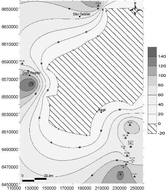 2 na área 3 possui espessura mínima ente 20 metros e espessura máxima de 140 metros, sendo a última controlada pelas depressões dos paleovales (Figura 28) Figura 28 -Mapa de isópaca mostrando a