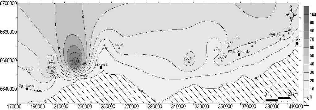 Figura 30 -Mapa de isópaca mostrando a espessura do TSMB2 na área 2. Maiores espessura a NW da área. Figura 31 - Mapa de isópaca mostrando a espessura do TSMB2 na área 3.
